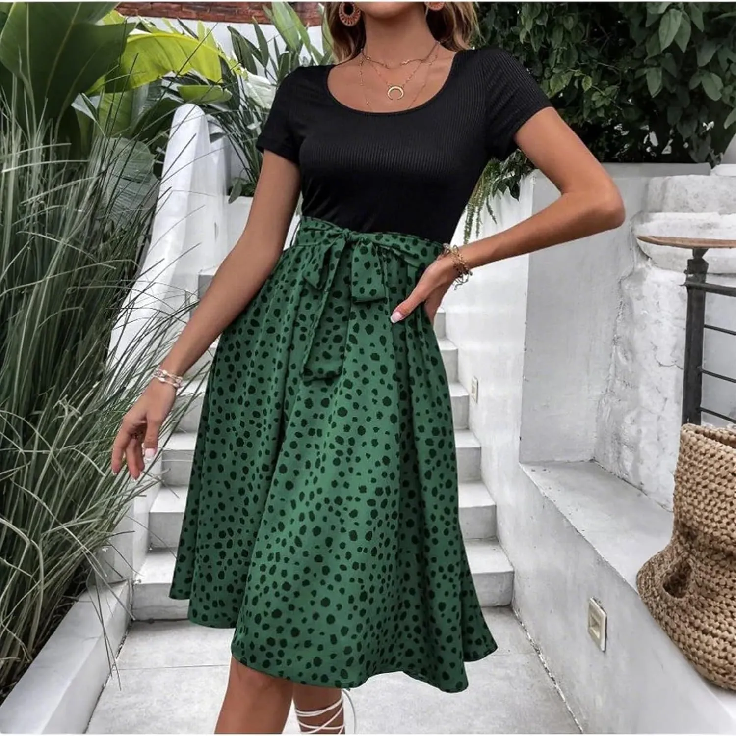 Short Sleeve Summer Dresses for Women Bow Tie Waist Scoop Neck Flowy Midi Dress Patchwork Wave Point Print Boho Dress