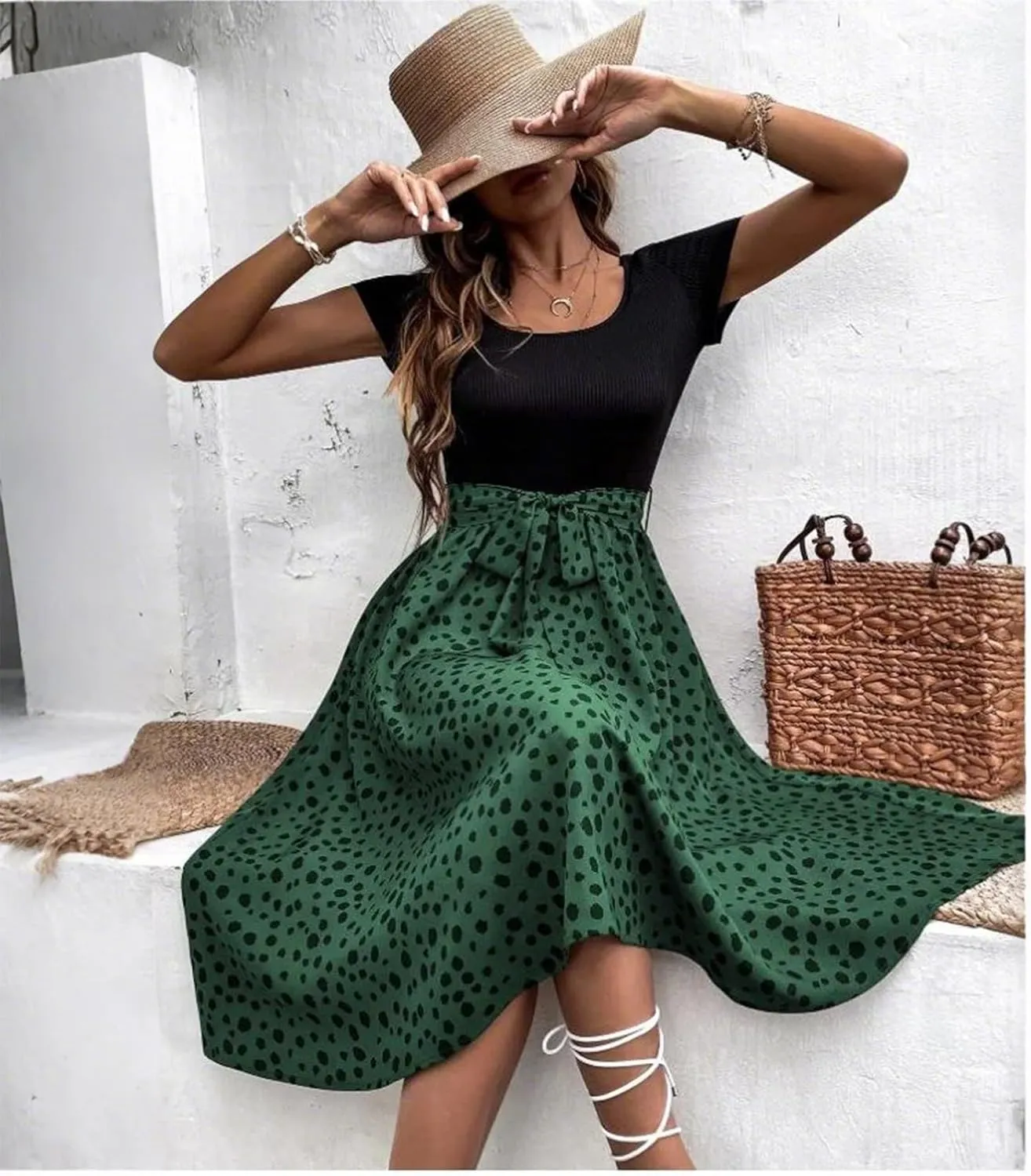 Short Sleeve Summer Dresses for Women Bow Tie Waist Scoop Neck Flowy Midi Dress Patchwork Wave Point Print Boho Dress