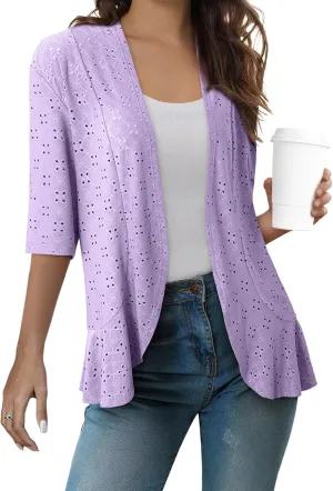 Sidefeel Lightweight Summer Cardigan for Women Spring Netted Knit Ruffle Half Sleeve Kimono Cover Ups