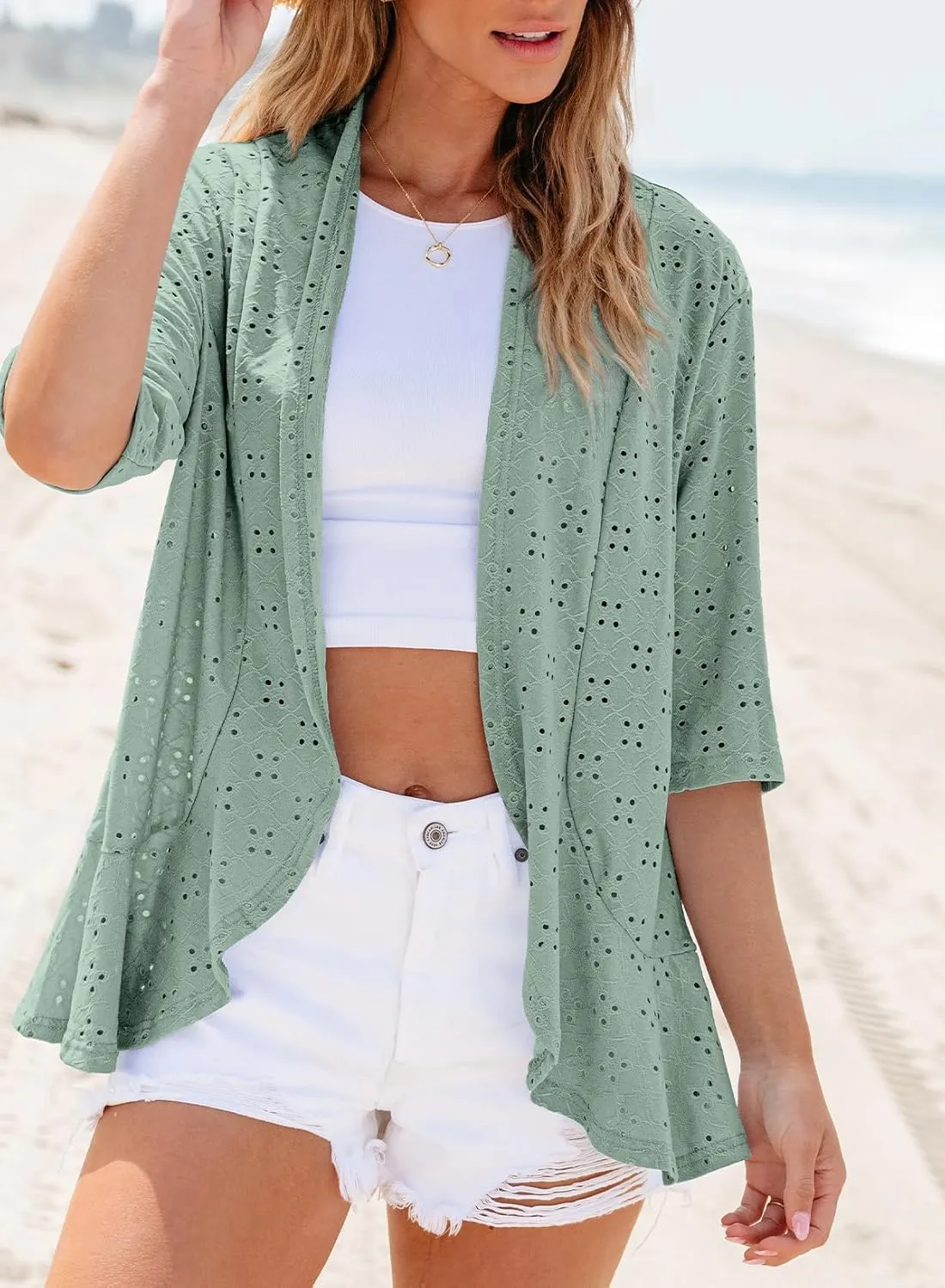 Sidefeel Lightweight Summer Cardigan for Women Spring Netted Knit Ruffle Half Sleeve Kimono Cover Ups