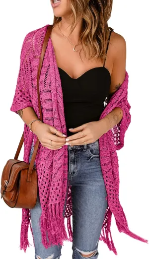 Sidefeel Women's Open Front Knit Sheer Cardigans Summer Boho Lightweight Kimono Cover Ups