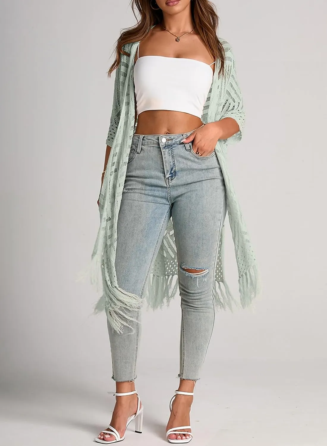 Sidefeel Women's Open Front Knit Sheer Cardigans Summer Boho Lightweight Kimono Cover Ups