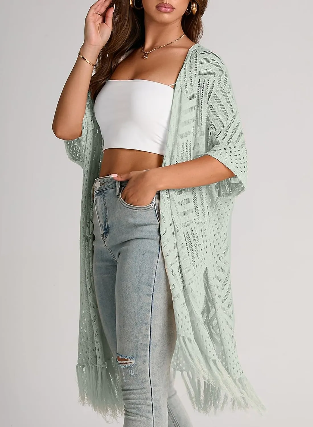 Sidefeel Women's Open Front Knit Sheer Cardigans Summer Boho Lightweight Kimono Cover Ups