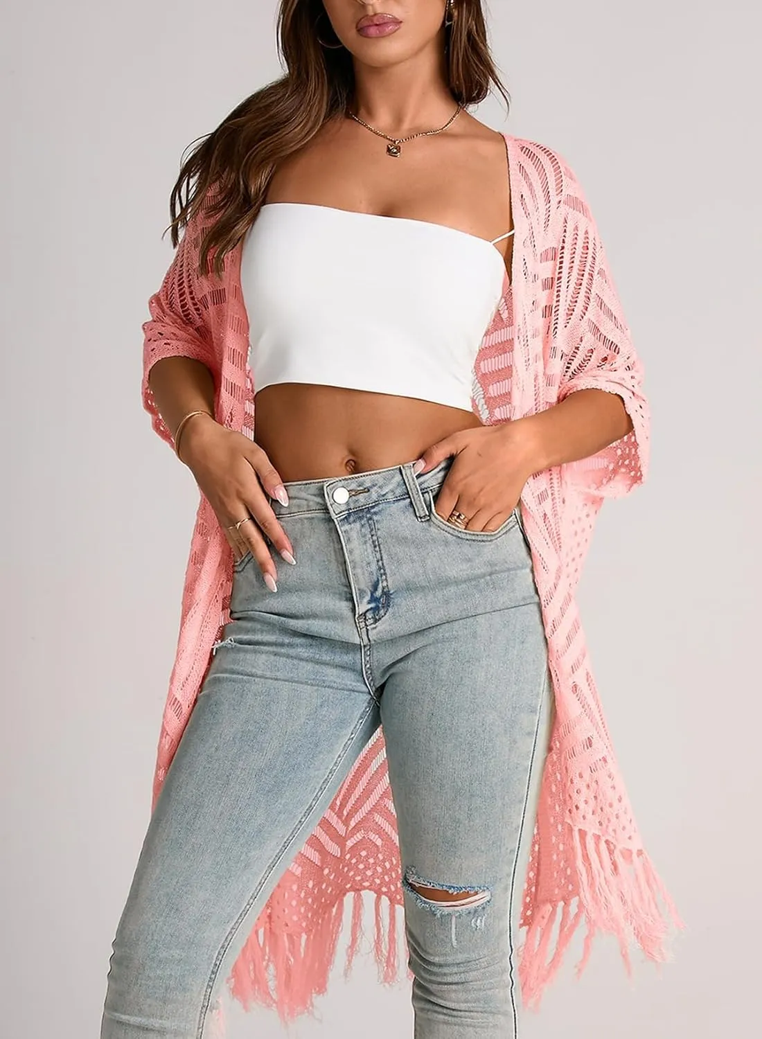 Sidefeel Women's Open Front Knit Sheer Cardigans Summer Boho Lightweight Kimono Cover Ups