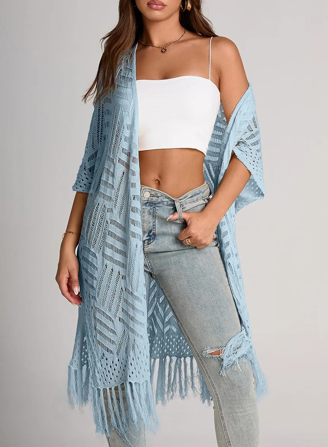 Sidefeel Women's Open Front Knit Sheer Cardigans Summer Boho Lightweight Kimono Cover Ups