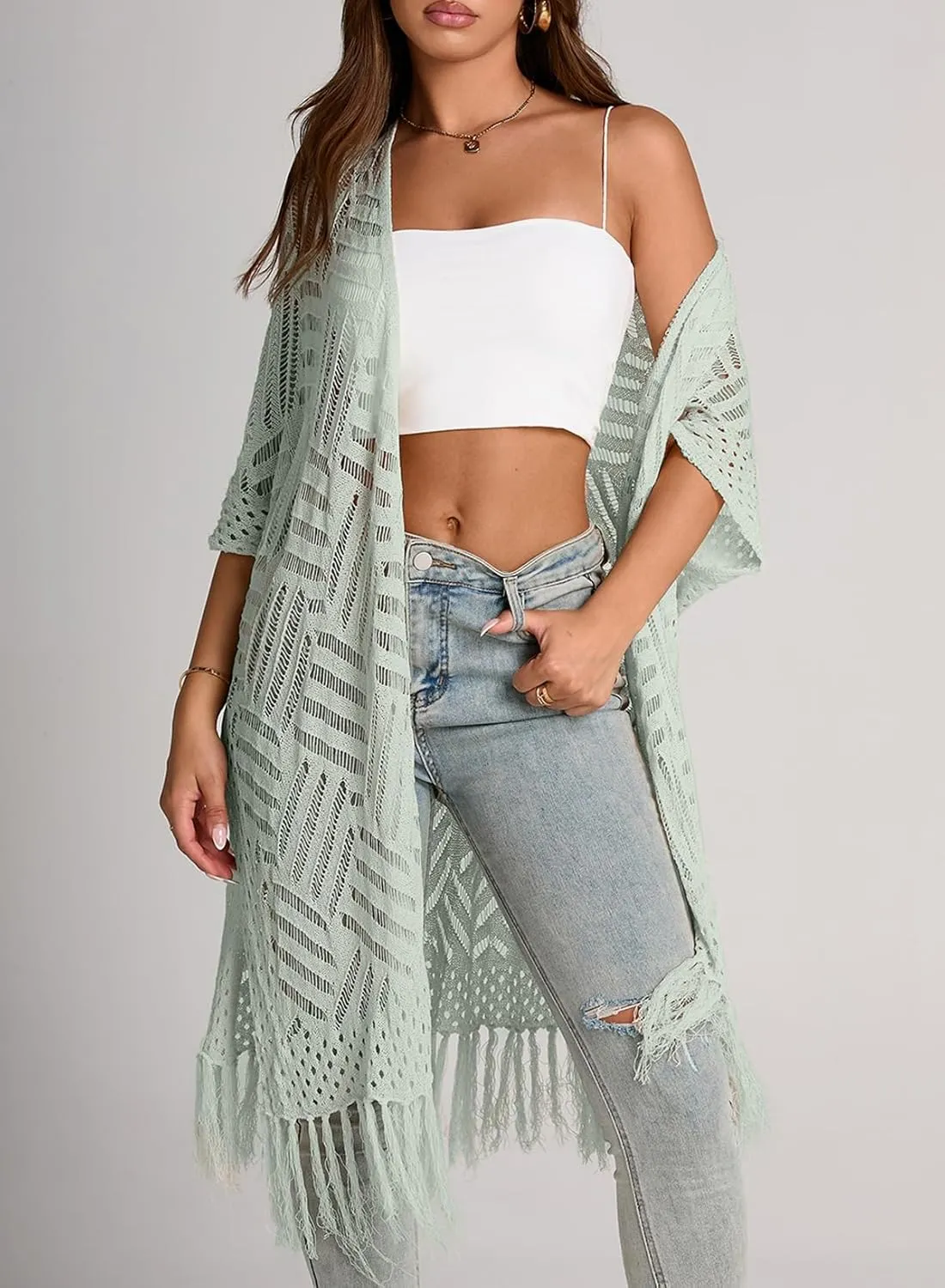 Sidefeel Women's Open Front Knit Sheer Cardigans Summer Boho Lightweight Kimono Cover Ups