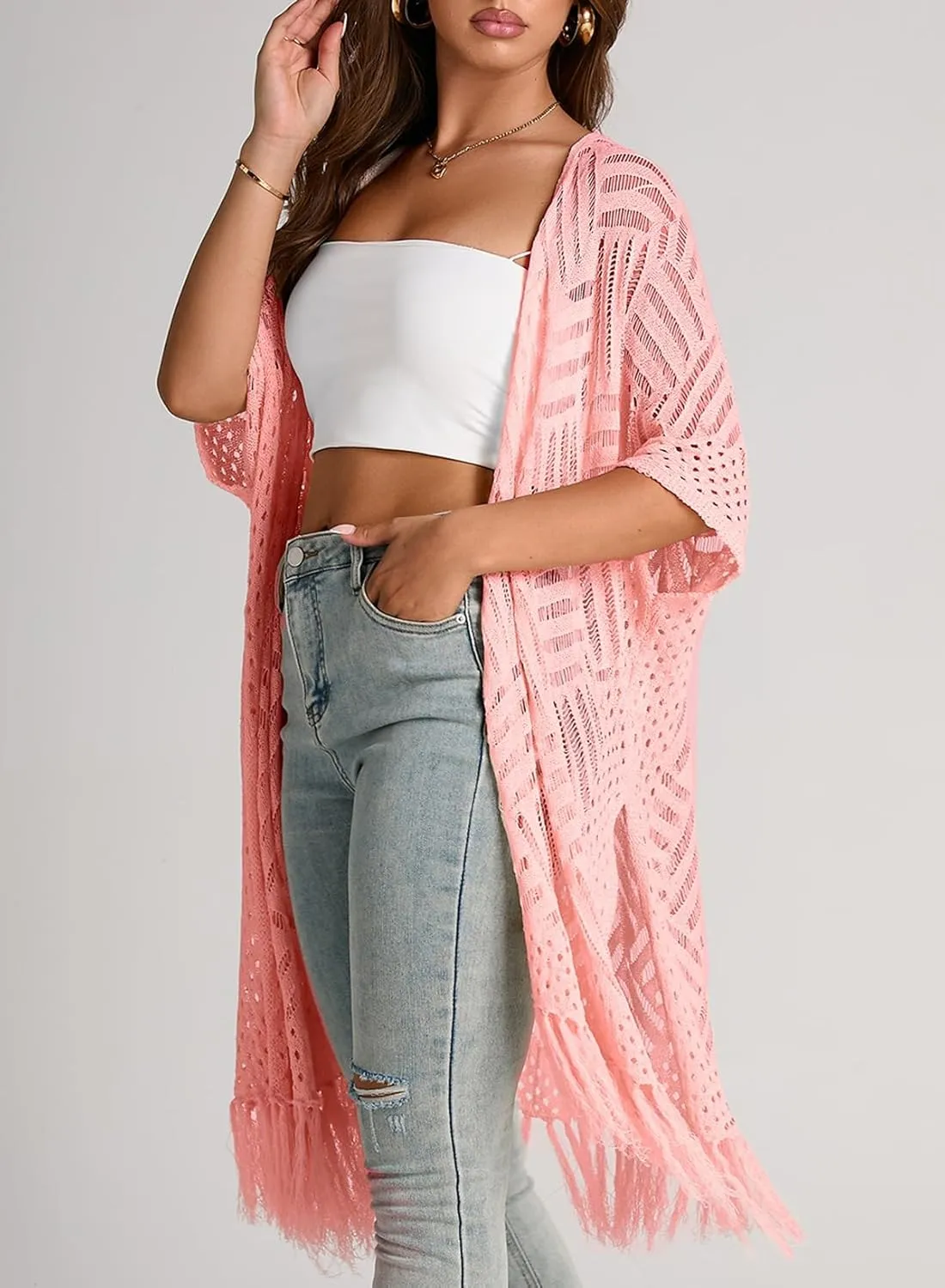 Sidefeel Women's Open Front Knit Sheer Cardigans Summer Boho Lightweight Kimono Cover Ups