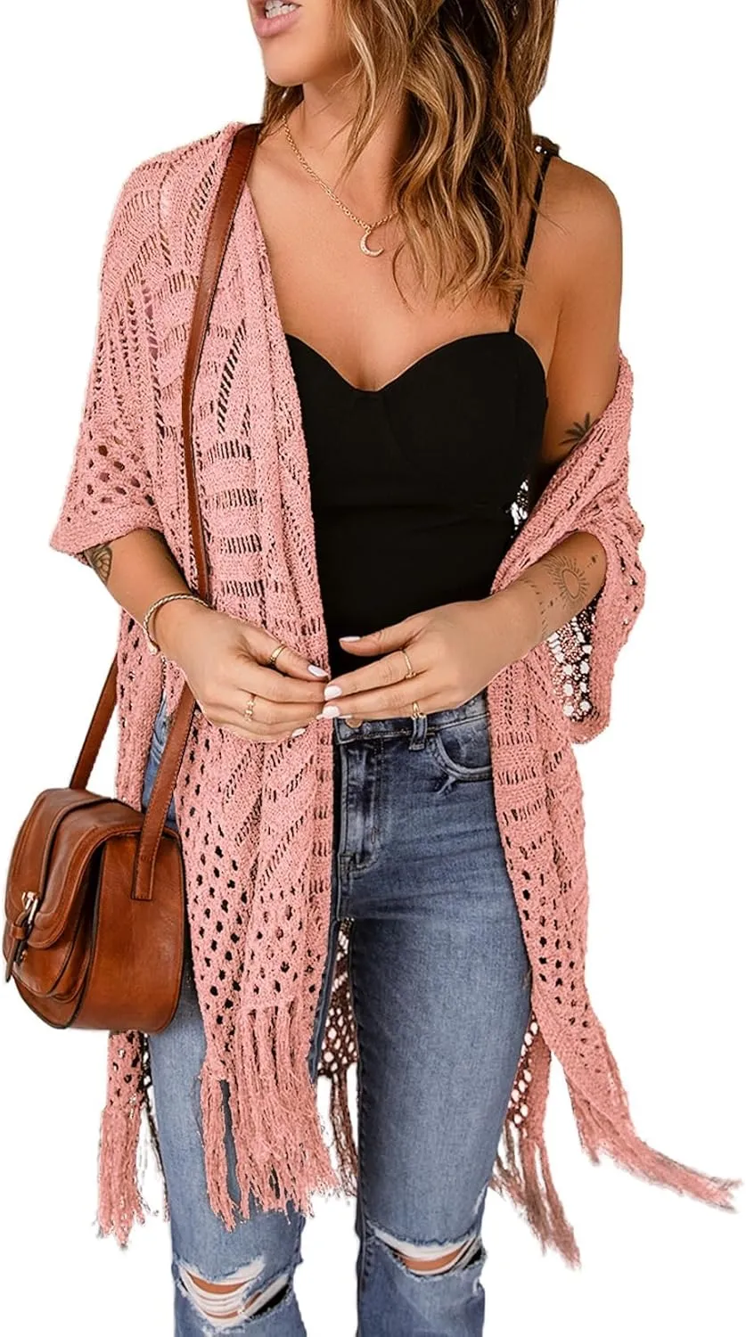 Sidefeel Women's Open Front Knit Sheer Cardigans Summer Boho Lightweight Kimono Cover Ups