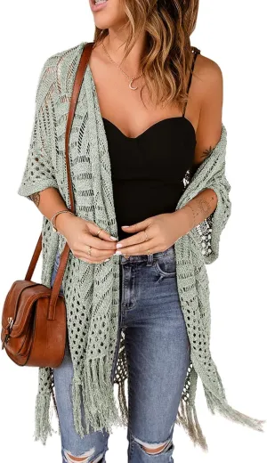 Sidefeel Women's Open Front Knit Sheer Cardigans Summer Boho Lightweight Kimono Cover Ups