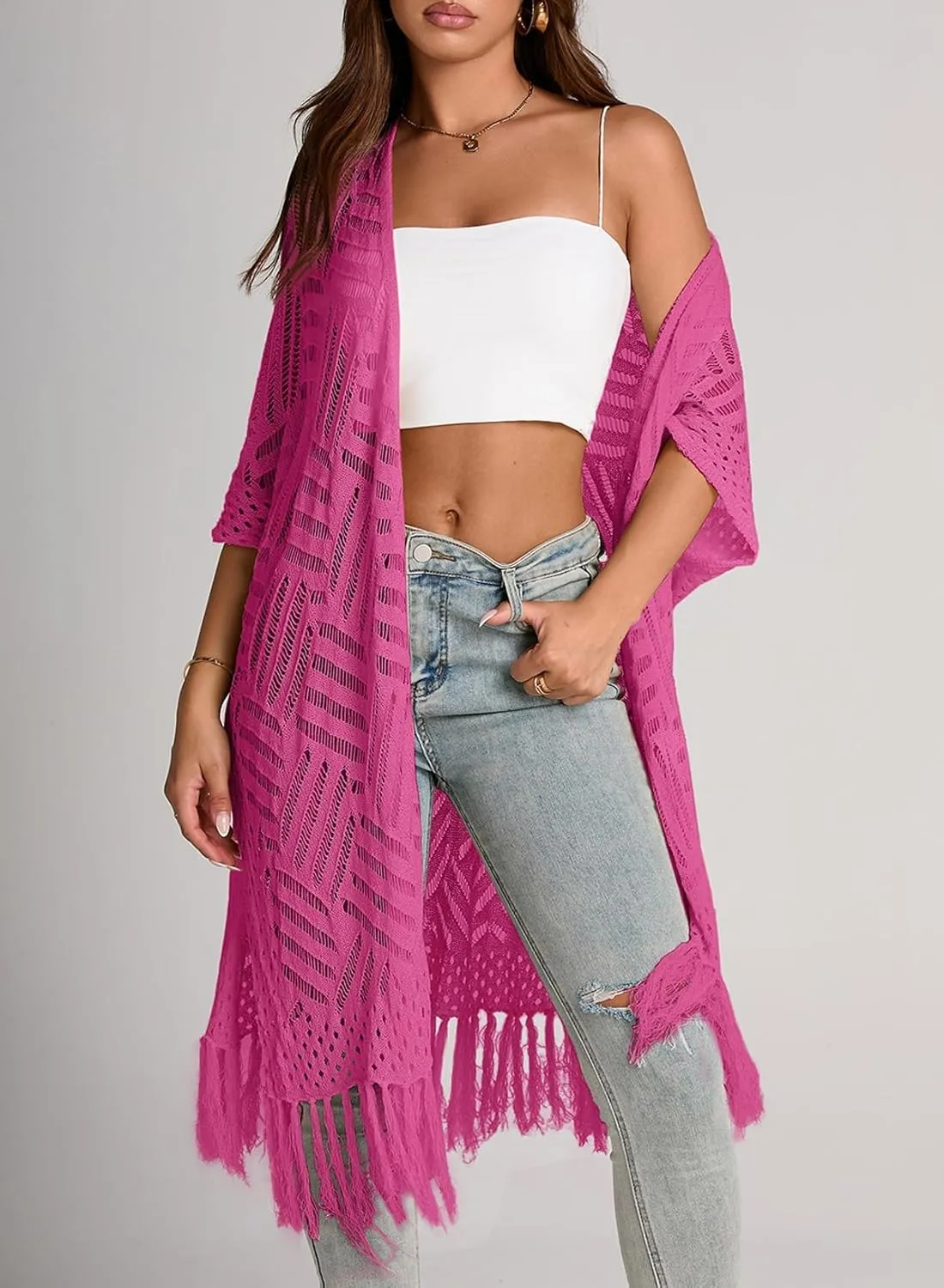 Sidefeel Women's Open Front Knit Sheer Cardigans Summer Boho Lightweight Kimono Cover Ups