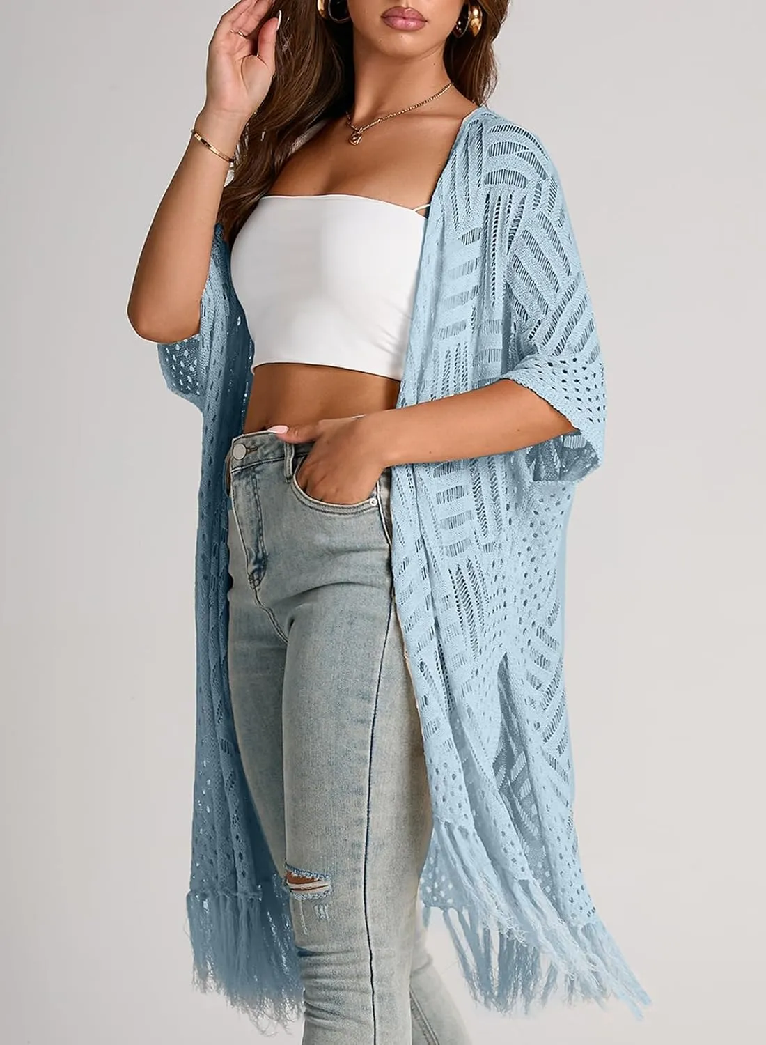 Sidefeel Women's Open Front Knit Sheer Cardigans Summer Boho Lightweight Kimono Cover Ups