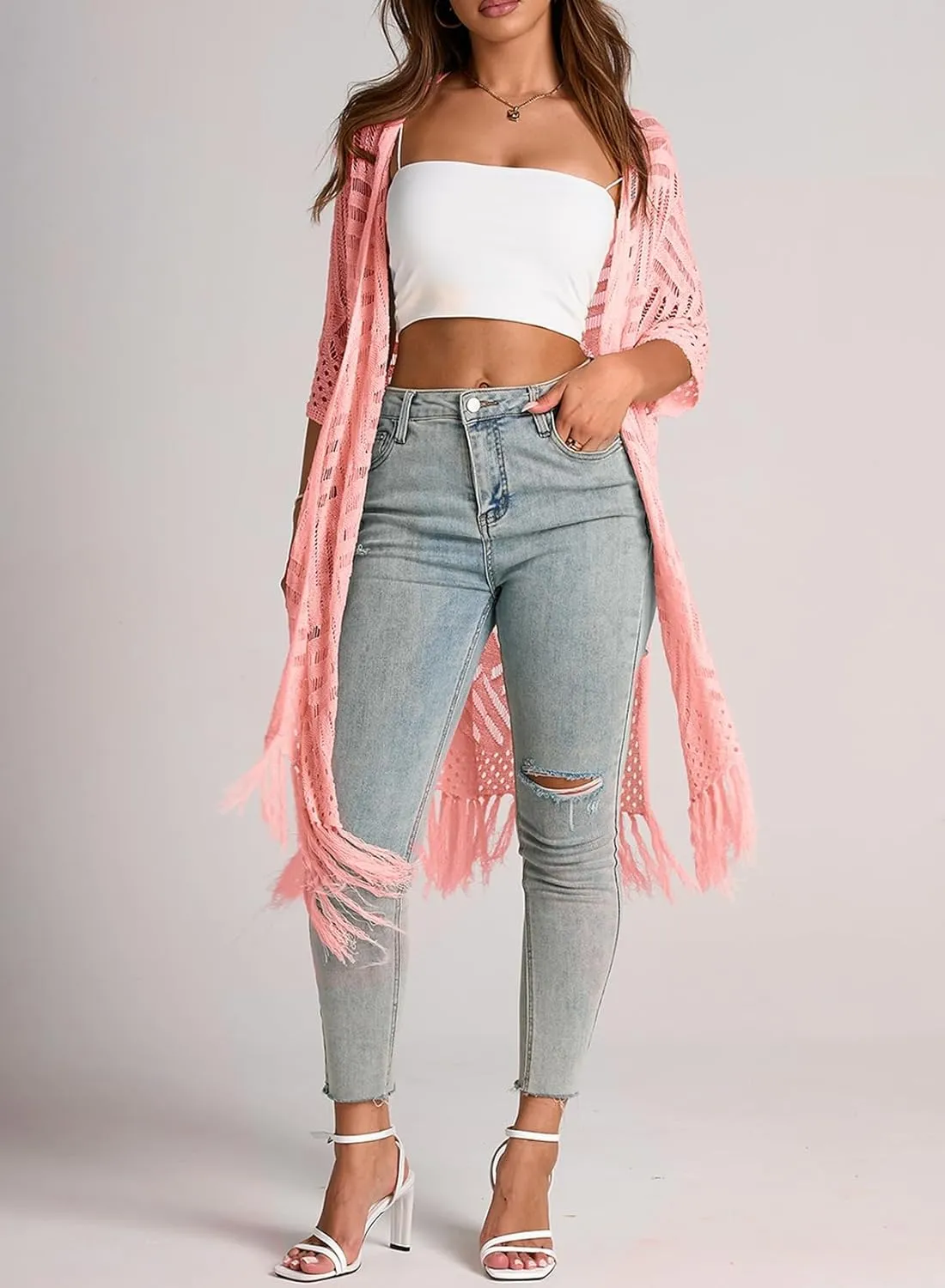 Sidefeel Women's Open Front Knit Sheer Cardigans Summer Boho Lightweight Kimono Cover Ups
