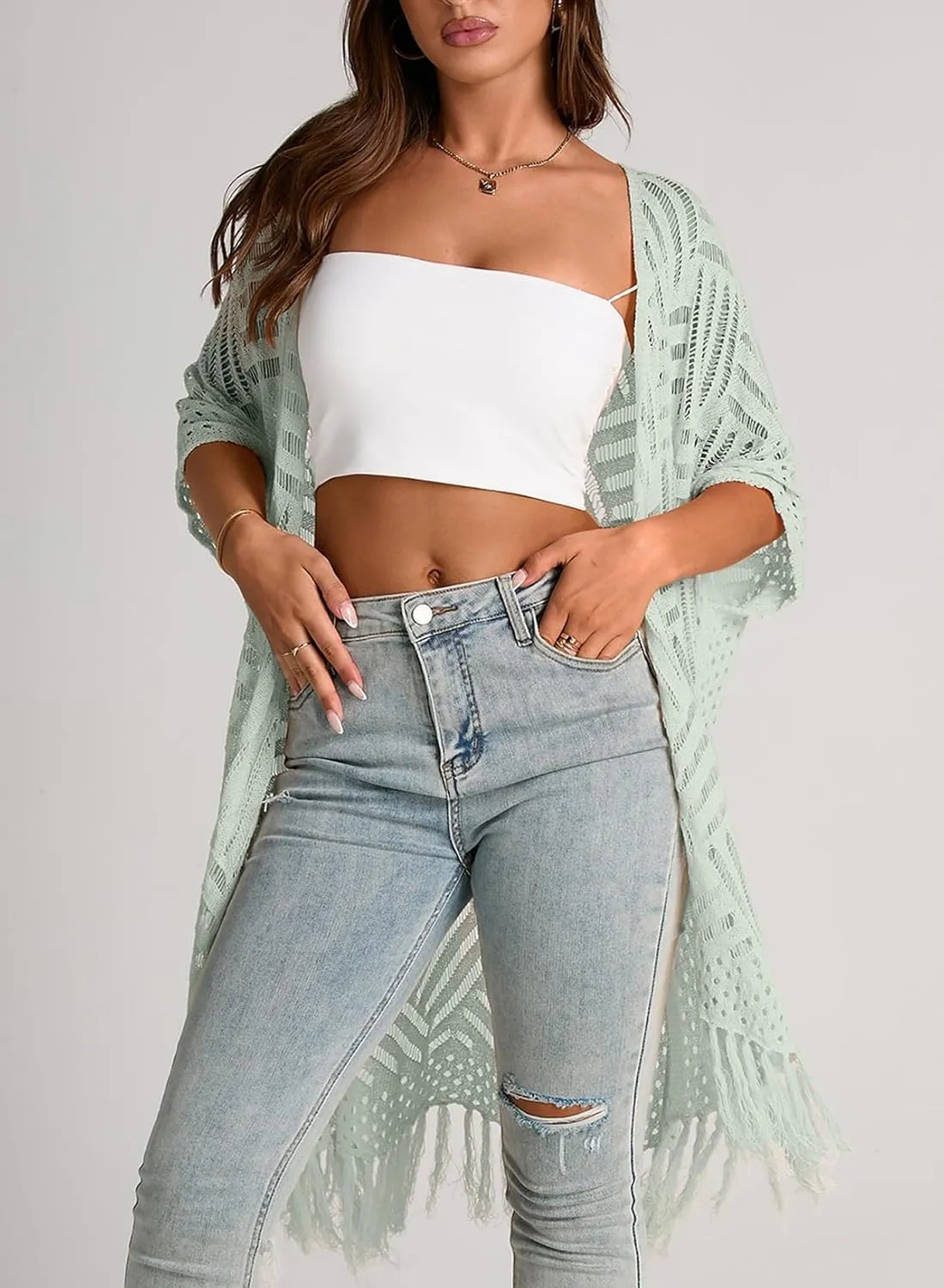 Sidefeel Women's Open Front Knit Sheer Cardigans Summer Boho Lightweight Kimono Cover Ups