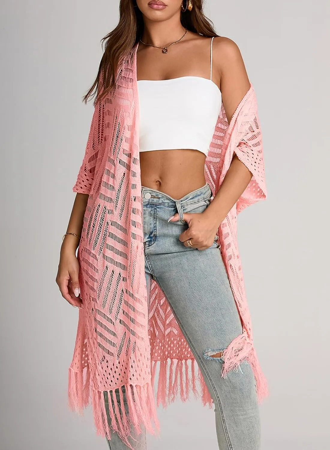 Sidefeel Women's Open Front Knit Sheer Cardigans Summer Boho Lightweight Kimono Cover Ups