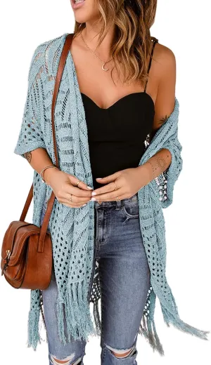 Sidefeel Women's Open Front Knit Sheer Cardigans Summer Boho Lightweight Kimono Cover Ups
