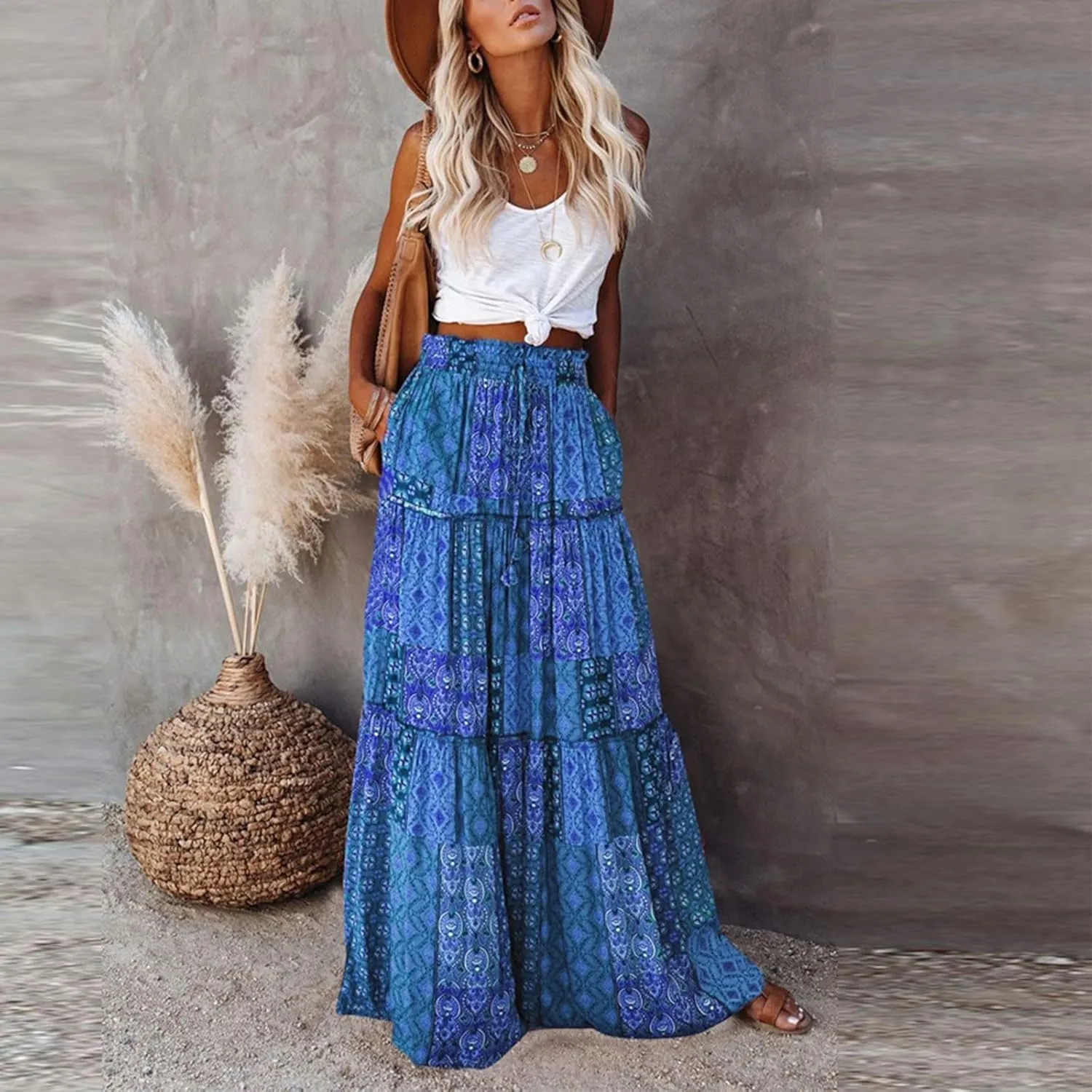 Skirts for Women Summer 2025 Boho Pleated Flowy Long Maxi Skirt with Pockets A Line Swing Tiered Beach Vacation