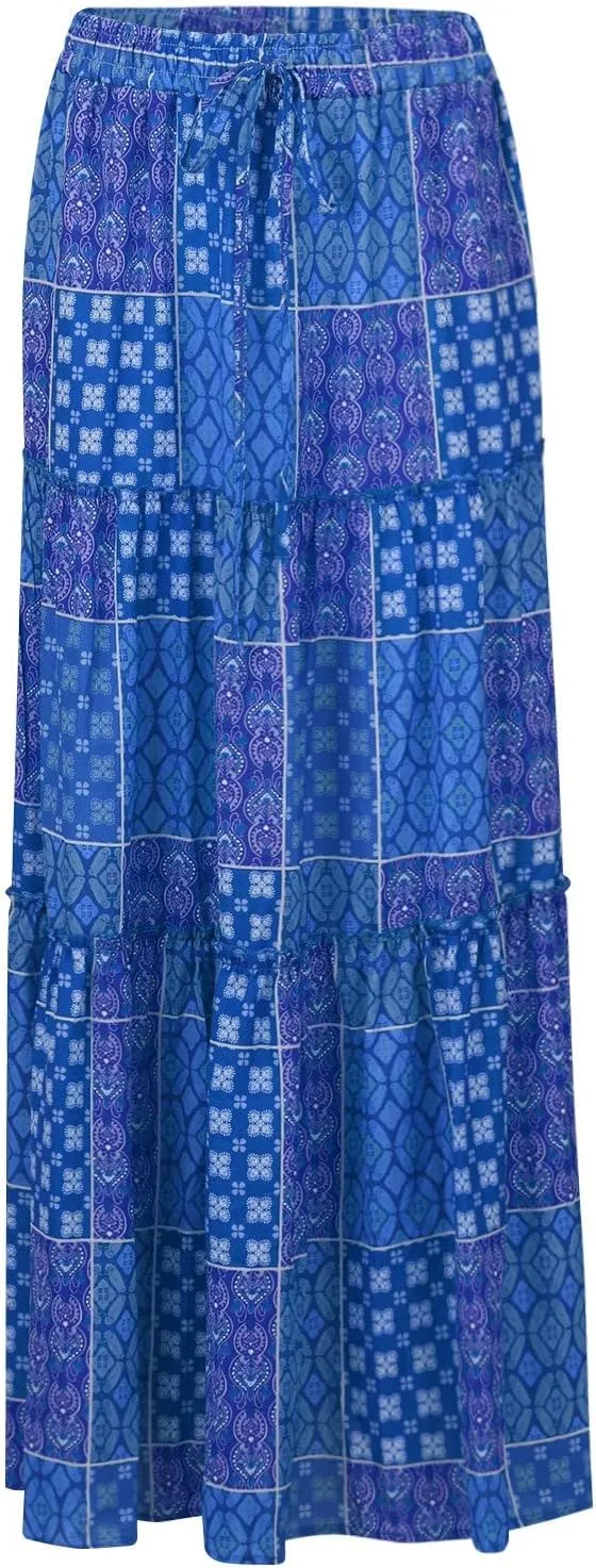 Skirts for Women Summer 2025 Boho Pleated Flowy Long Maxi Skirt with Pockets A Line Swing Tiered Beach Vacation