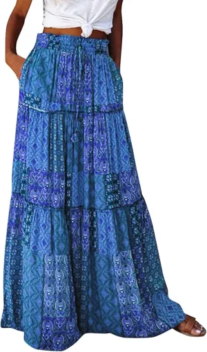 Skirts for Women Summer 2025 Boho Pleated Flowy Long Maxi Skirt with Pockets A Line Swing Tiered Beach Vacation