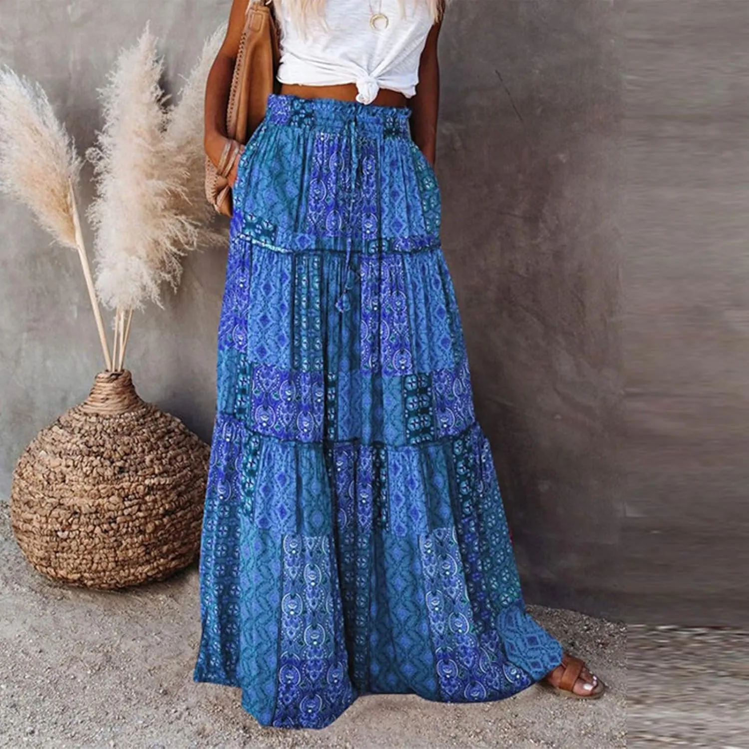 Skirts for Women Summer 2025 Boho Pleated Flowy Long Maxi Skirt with Pockets A Line Swing Tiered Beach Vacation