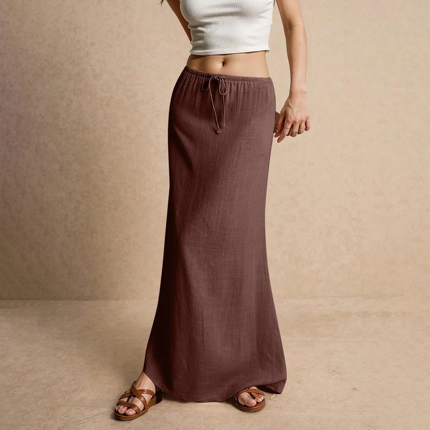 Skirts for Women Summer Casual A Line Drawstring Solid Low Waist Long Flowy Maxi Trendy Vacation Skirt