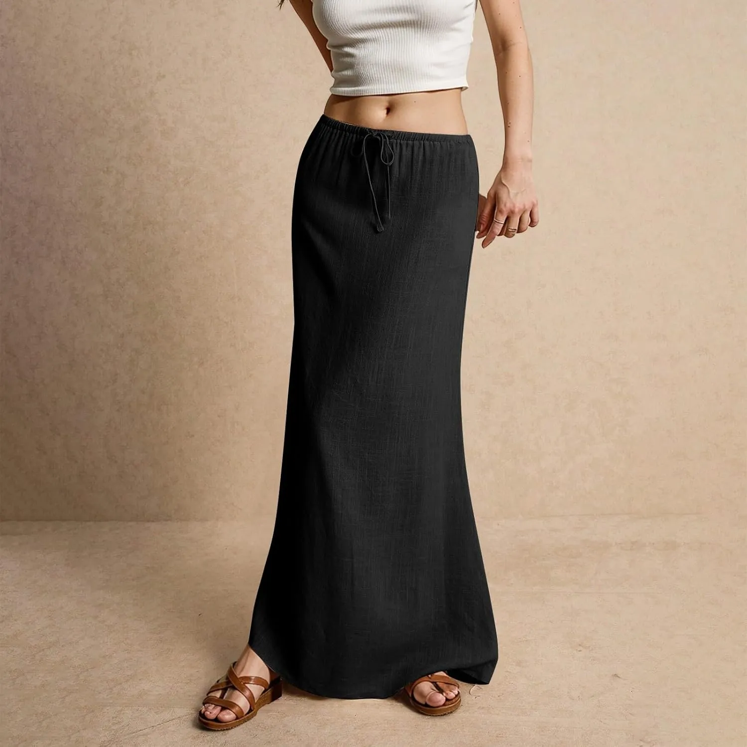 Skirts for Women Summer Casual A Line Drawstring Solid Low Waist Long Flowy Maxi Trendy Vacation Skirt