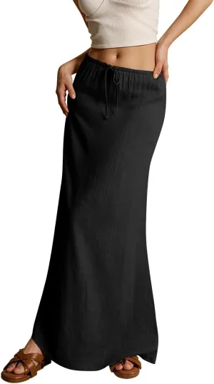 Skirts for Women Summer Casual A Line Drawstring Solid Low Waist Long Flowy Maxi Trendy Vacation Skirt