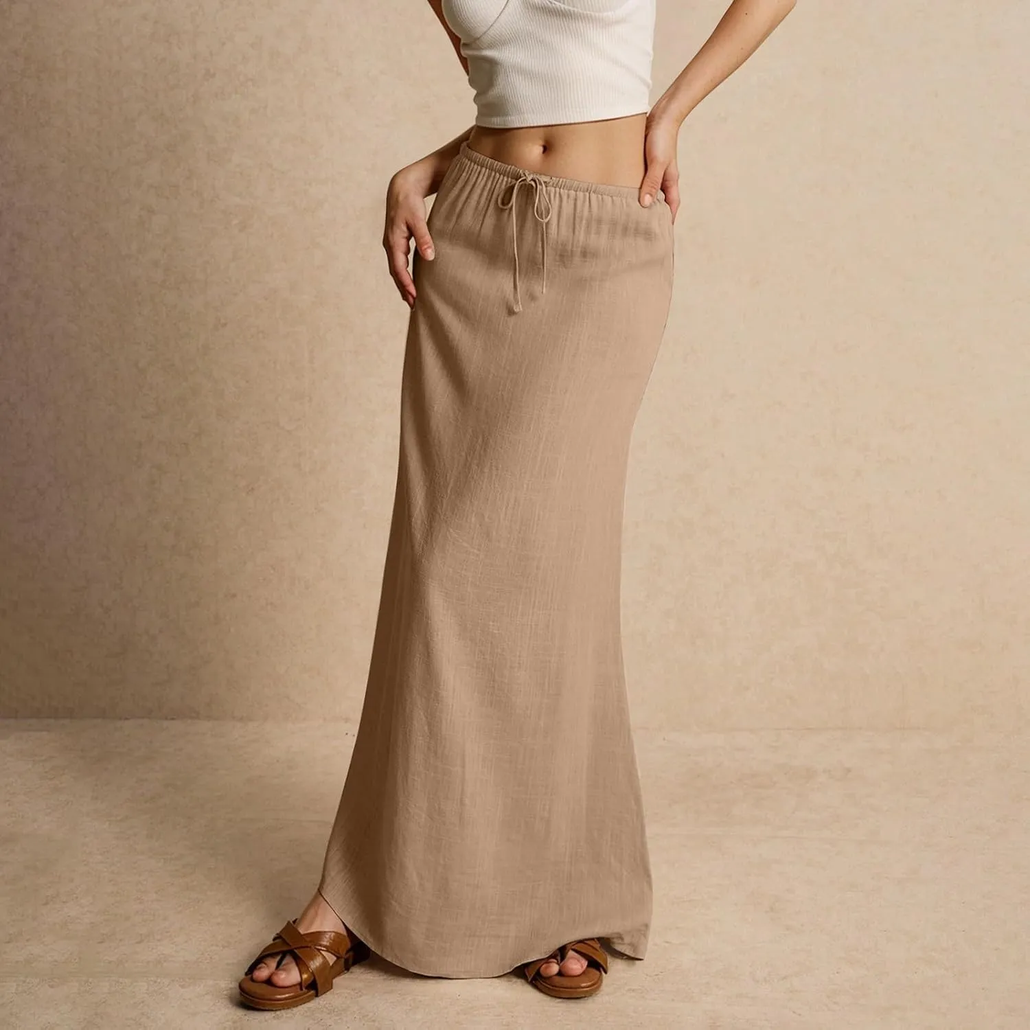 Skirts for Women Summer Casual A Line Drawstring Solid Low Waist Long Flowy Maxi Trendy Vacation Skirt