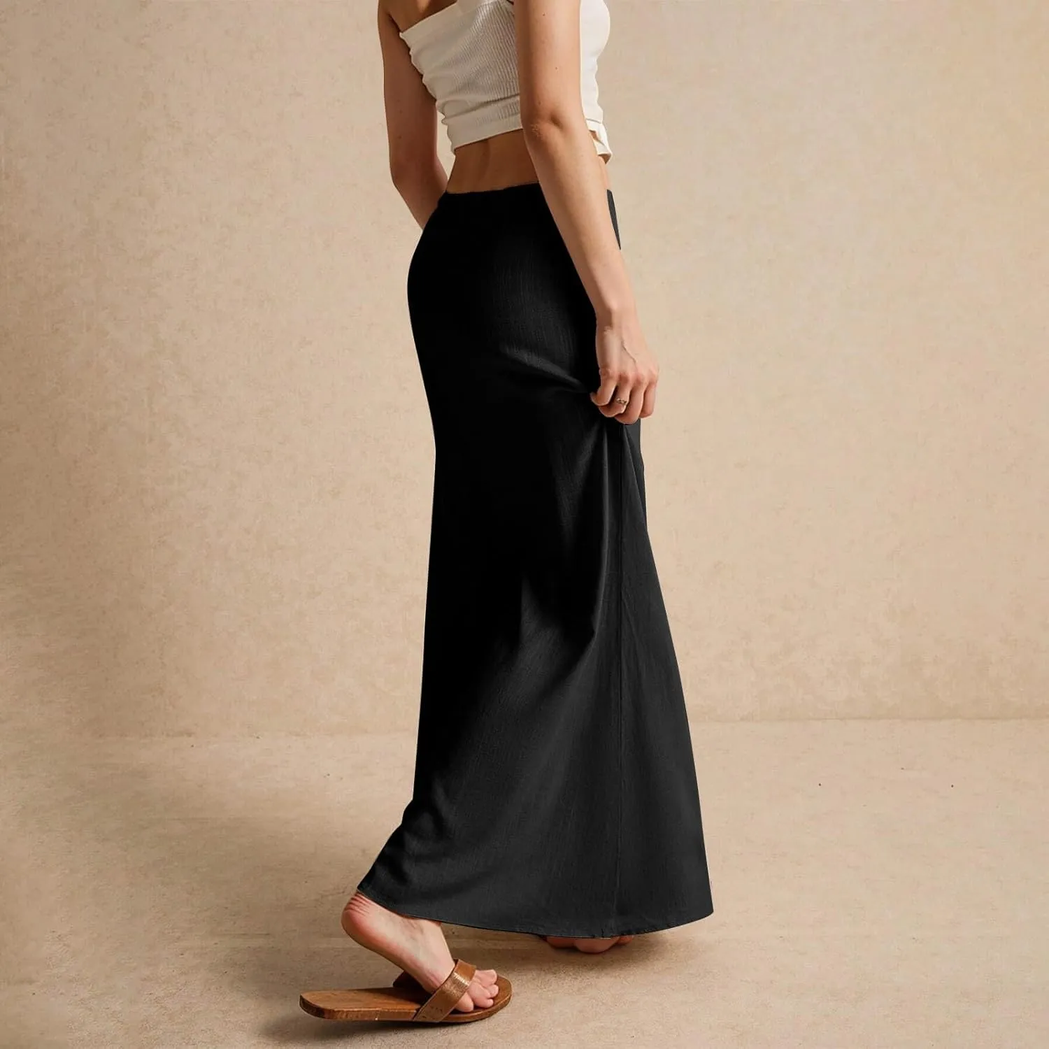 Skirts for Women Summer Casual A Line Drawstring Solid Low Waist Long Flowy Maxi Trendy Vacation Skirt