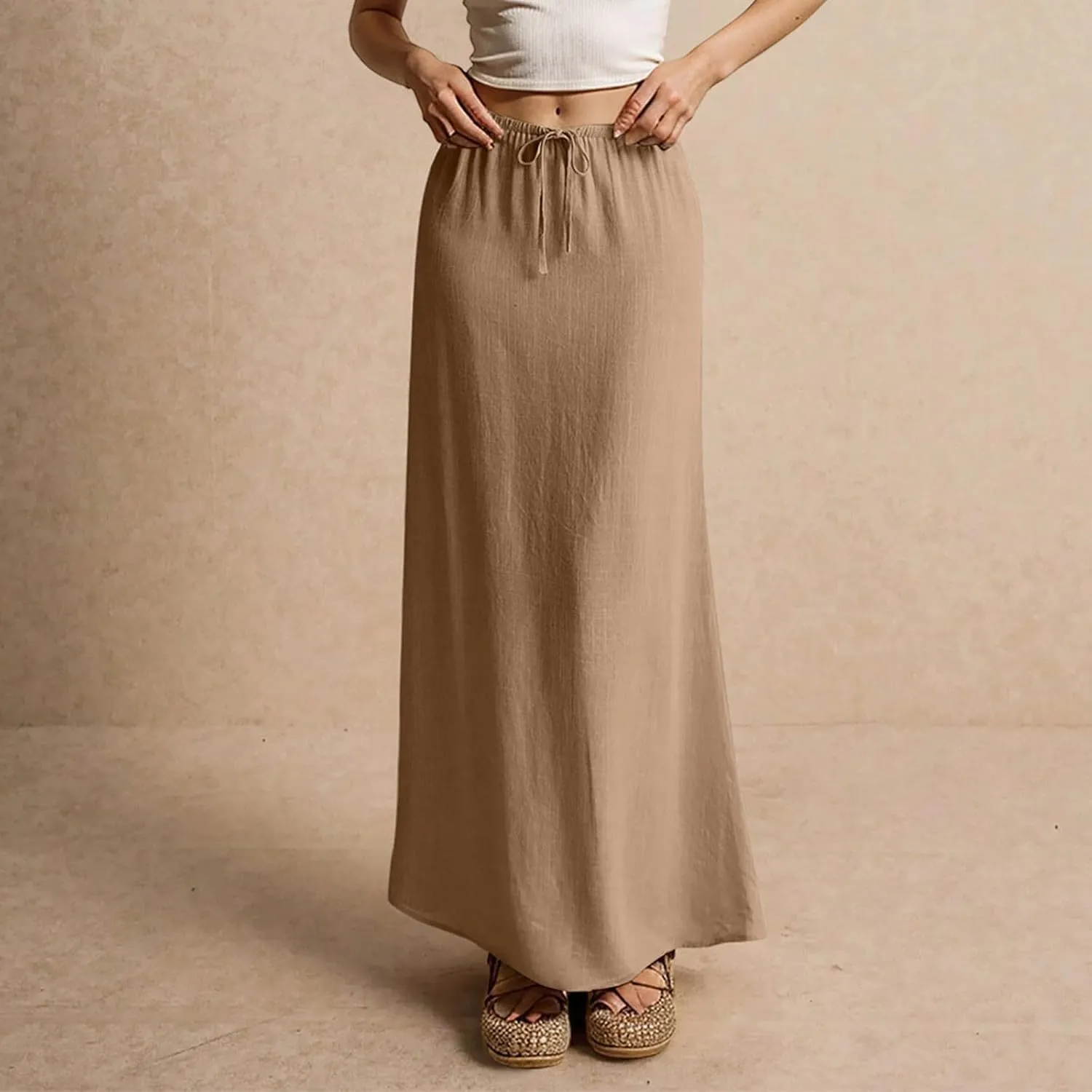 Skirts for Women Summer Casual A Line Drawstring Solid Low Waist Long Flowy Maxi Trendy Vacation Skirt
