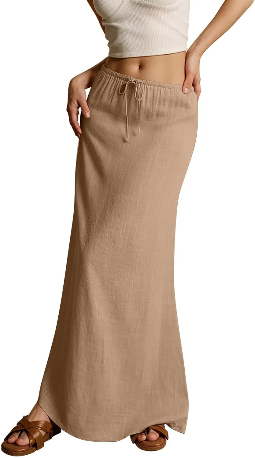 Skirts for Women Summer Casual A Line Drawstring Solid Low Waist Long Flowy Maxi Trendy Vacation Skirt
