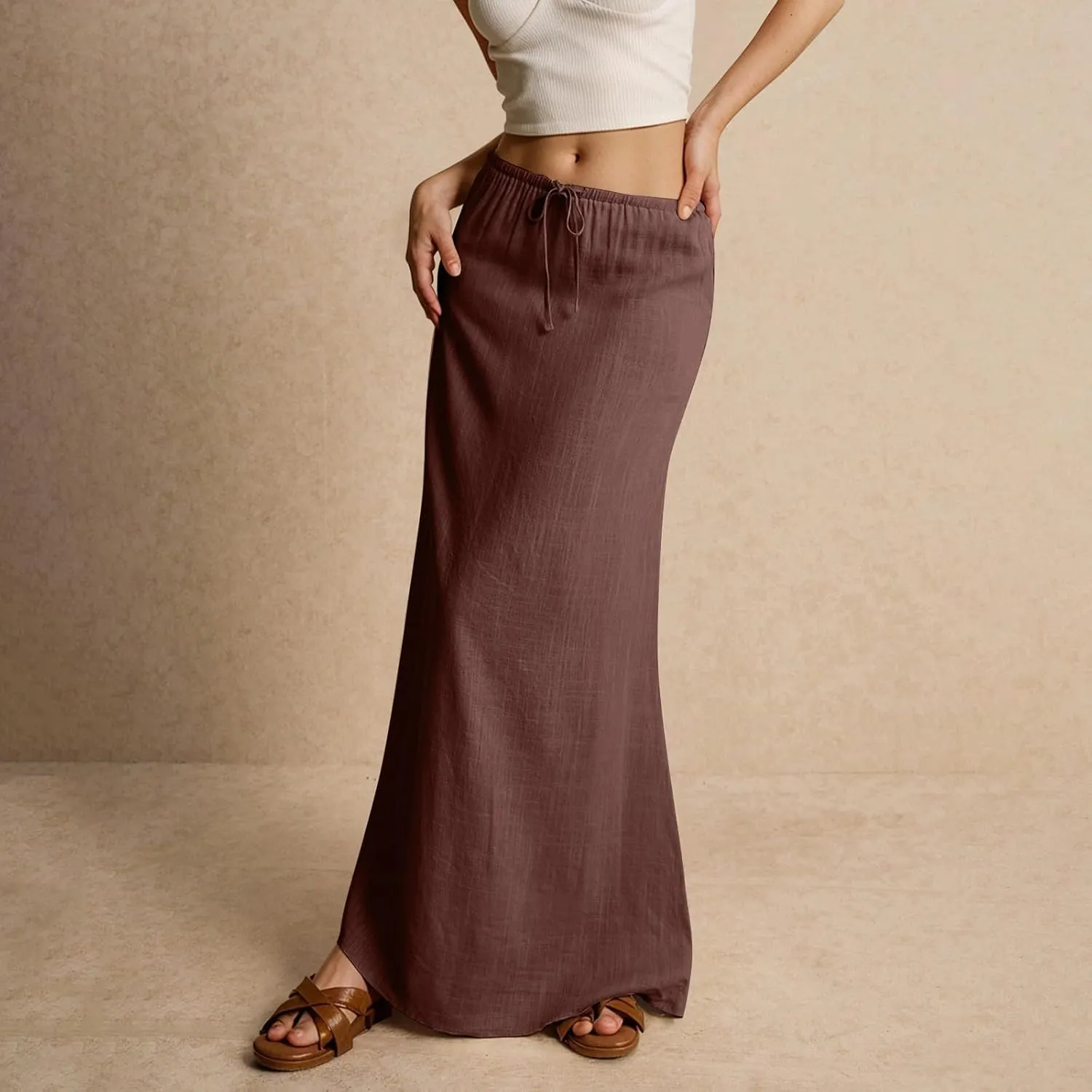 Skirts for Women Summer Casual A Line Drawstring Solid Low Waist Long Flowy Maxi Trendy Vacation Skirt