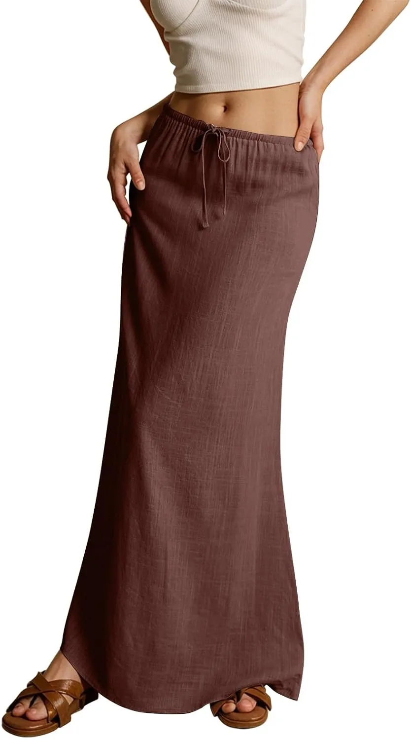 Skirts for Women Summer Casual A Line Drawstring Solid Low Waist Long Flowy Maxi Trendy Vacation Skirt