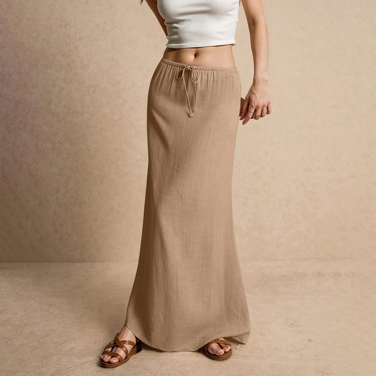 Skirts for Women Summer Casual A Line Drawstring Solid Low Waist Long Flowy Maxi Trendy Vacation Skirt