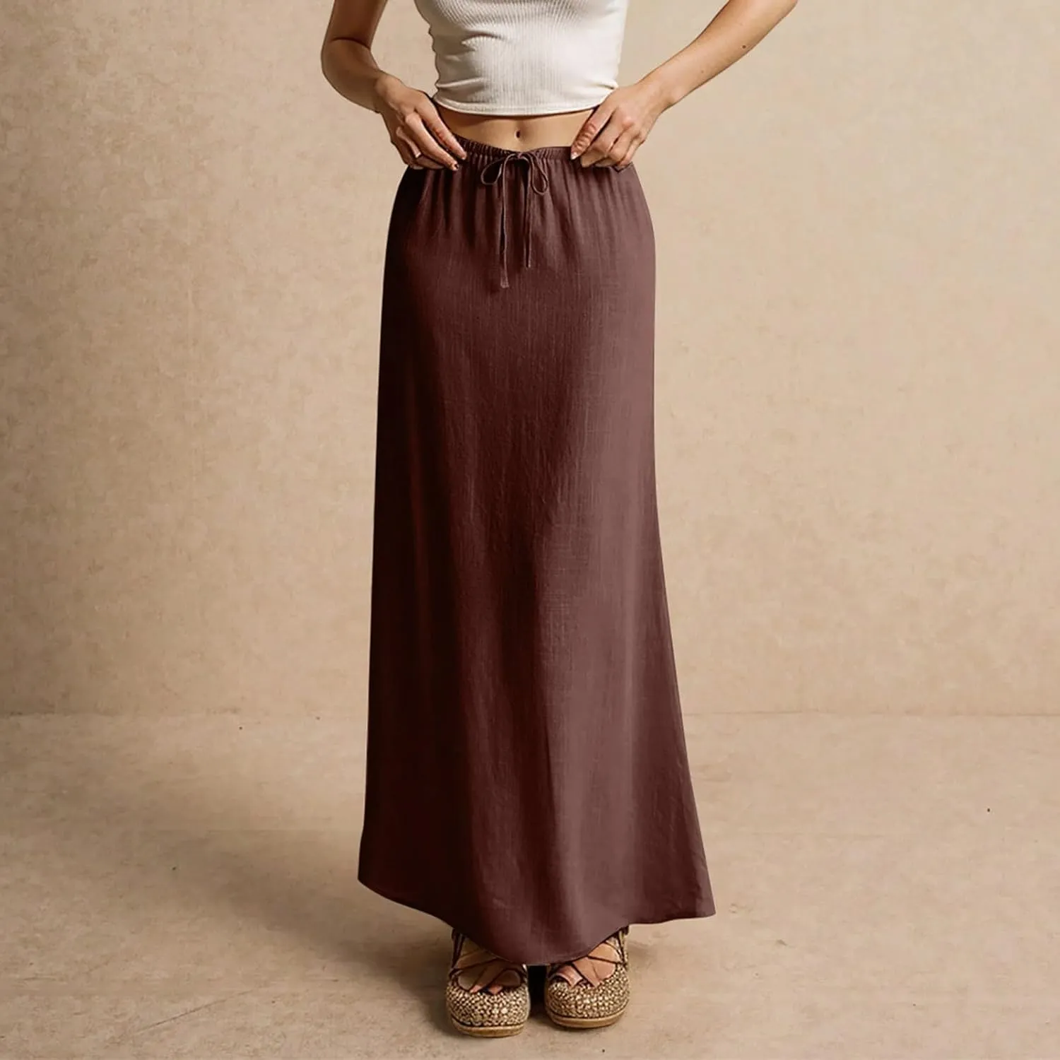 Skirts for Women Summer Casual A Line Drawstring Solid Low Waist Long Flowy Maxi Trendy Vacation Skirt