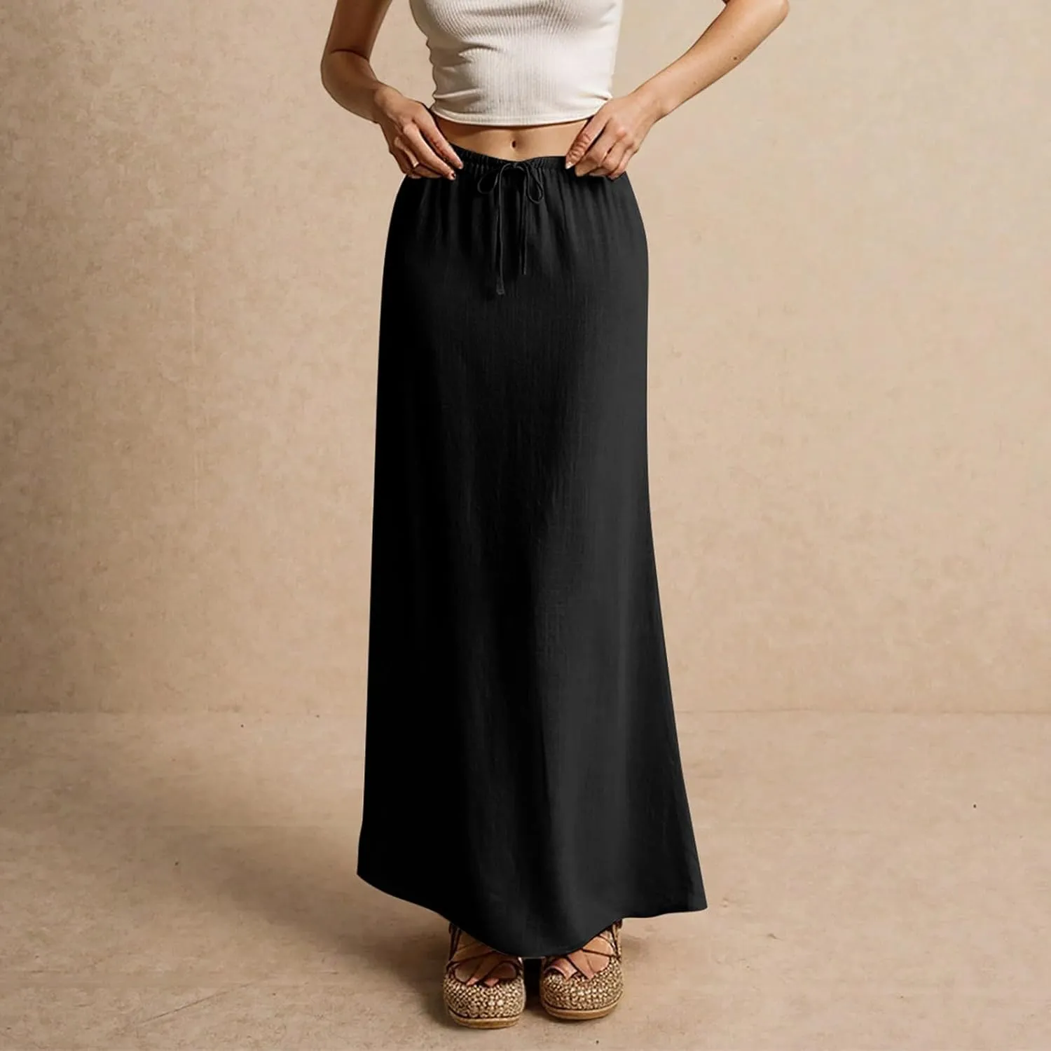 Skirts for Women Summer Casual A Line Drawstring Solid Low Waist Long Flowy Maxi Trendy Vacation Skirt