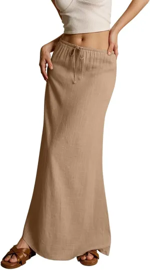 Skirts for Women Summer Casual A Line Drawstring Solid Low Waist Long Flowy Maxi Trendy Vacation Skirt