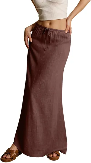 Skirts for Women Summer Casual A Line Drawstring Solid Low Waist Long Flowy Maxi Trendy Vacation Skirt