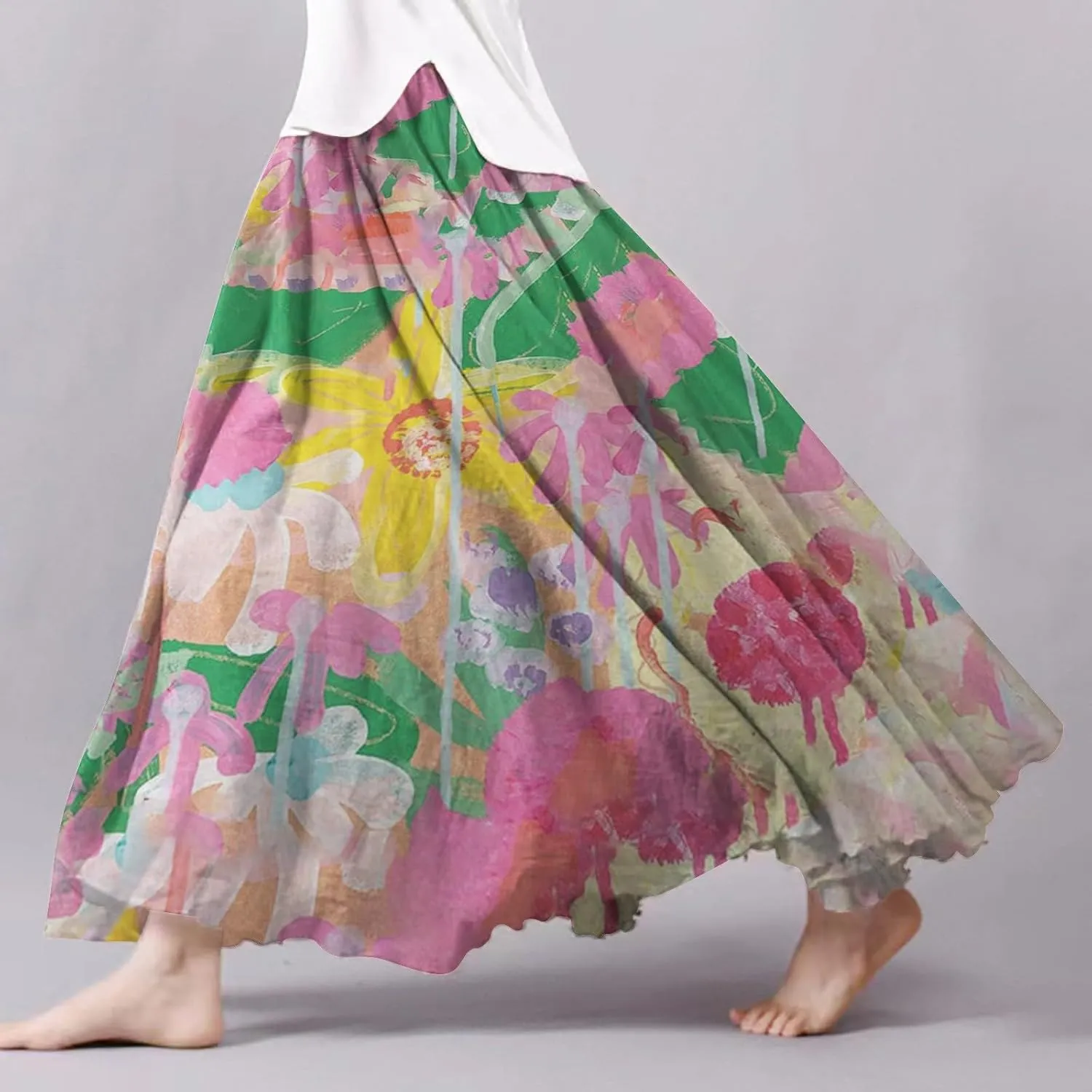 Skirts for Women Trendy Summer Fall Retro Floral Art Linen Elastic High Waist Tiered Long Maxi Skirt with Pockets