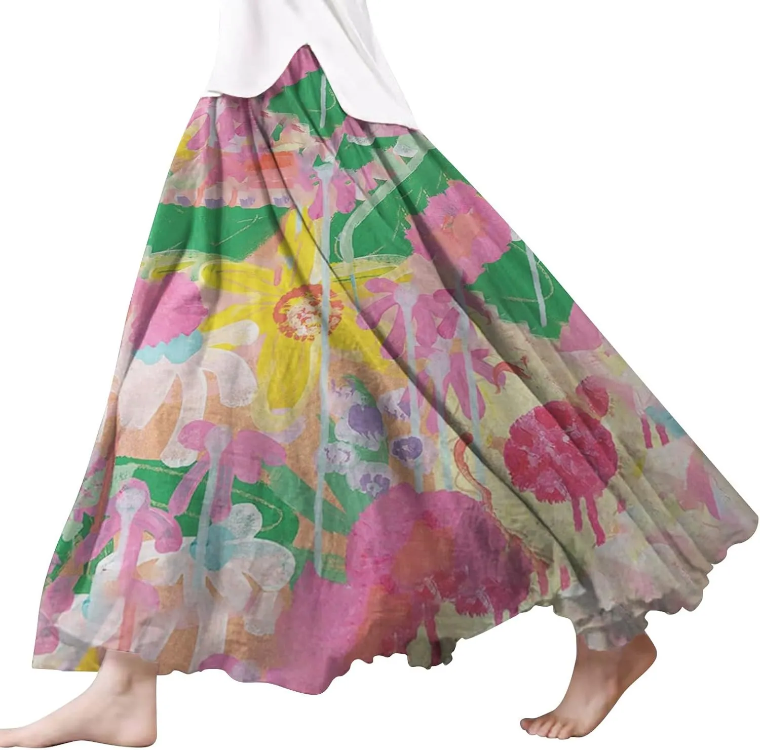 Skirts for Women Trendy Summer Fall Retro Floral Art Linen Elastic High Waist Tiered Long Maxi Skirt with Pockets