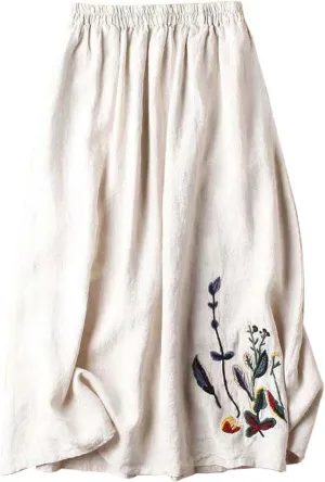Skirts for Women Trendy Summer Vintage Floral Embroidered Cotton Linen Skirt for Women A Line Midi Skirt Slimming