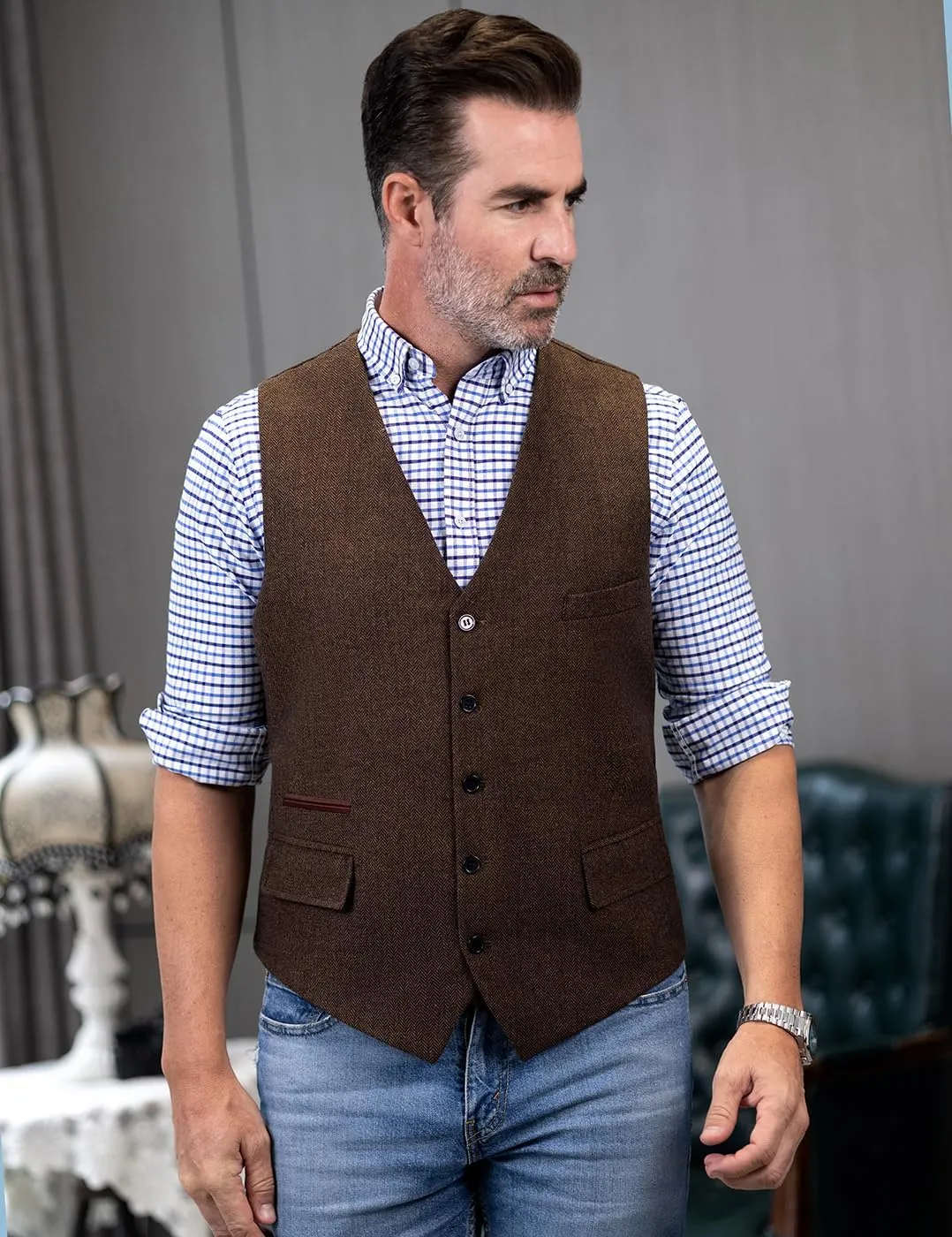 SOLOVEDRESS Mens Vintage Classic Herringbone Pattern Suit Vest V Neck Casual Wool Blend Waistcoat for Men