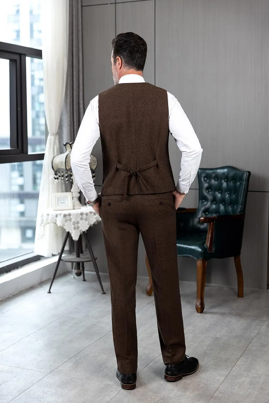 SOLOVEDRESS Mens Vintage Classic Herringbone Pattern Suit Vest V Neck Casual Wool Blend Waistcoat for Men