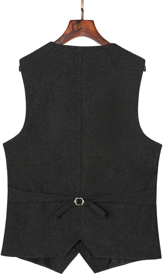 SOLOVEDRESS Mens Vintage Classic Herringbone Pattern Suit Vest V Neck Casual Wool Blend Waistcoat for Men