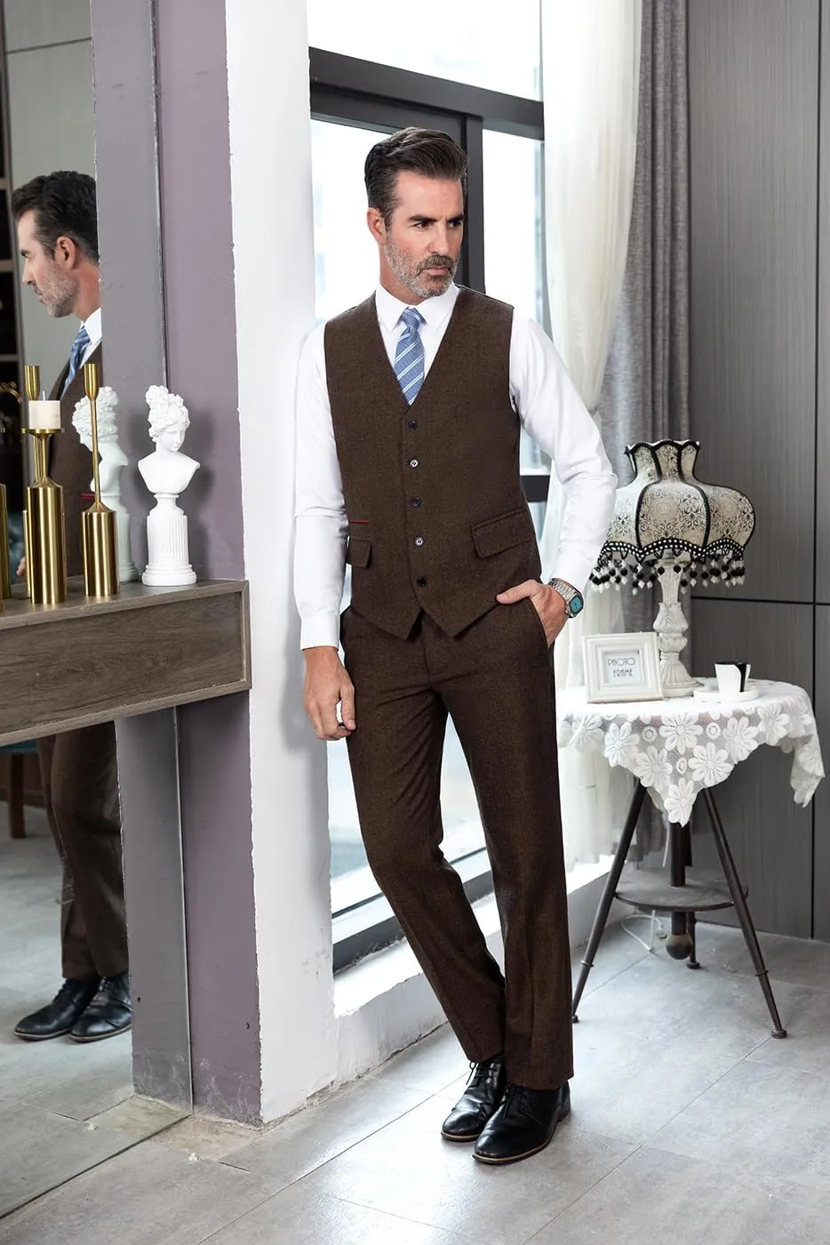 SOLOVEDRESS Mens Vintage Classic Herringbone Pattern Suit Vest V Neck Casual Wool Blend Waistcoat for Men