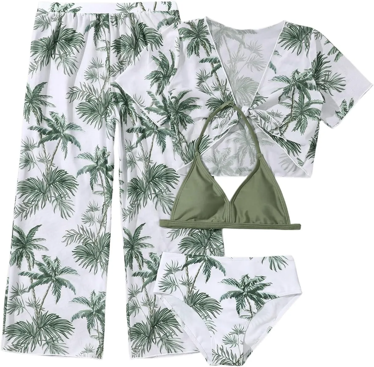 SOLY HUX Girl's 4 Piece Swimsuits Tropical Print Halter Bikini Set Bathing Suits with Kimono and Cover Up Pants