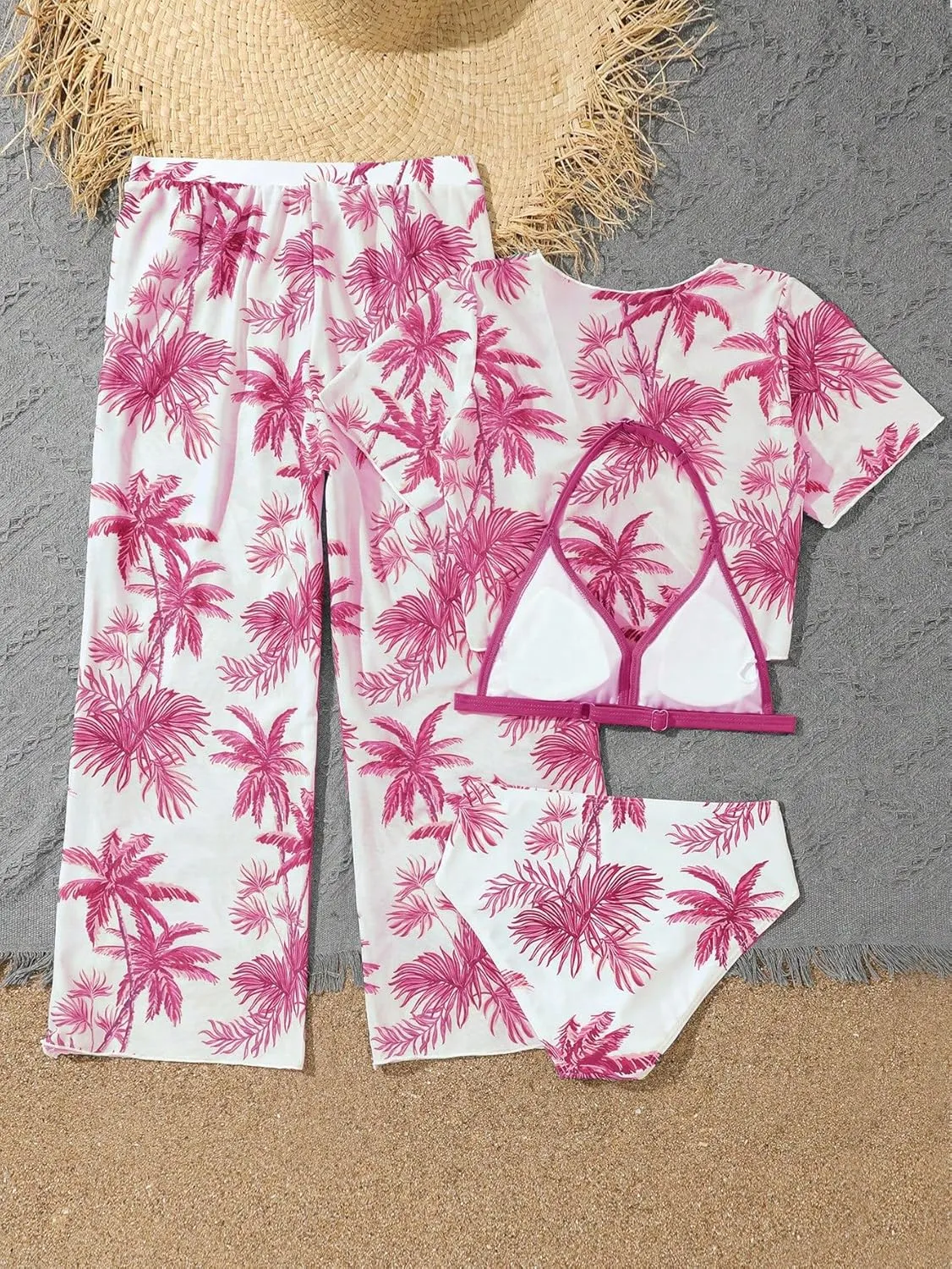 SOLY HUX Girl's 4 Piece Swimsuits Tropical Print Halter Bikini Set Bathing Suits with Kimono and Cover Up Pants