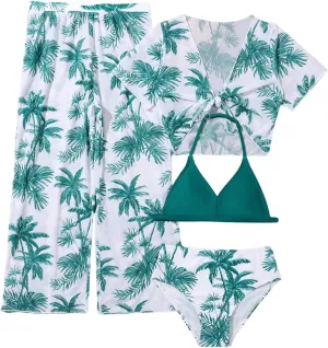 SOLY HUX Girl's 4 Piece Swimsuits Tropical Print Halter Bikini Set Bathing Suits with Kimono and Cover Up Pants