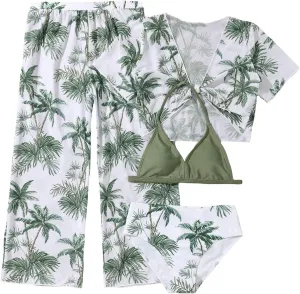 SOLY HUX Girl's 4 Piece Swimsuits Tropical Print Halter Bikini Set Bathing Suits with Kimono and Cover Up Pants