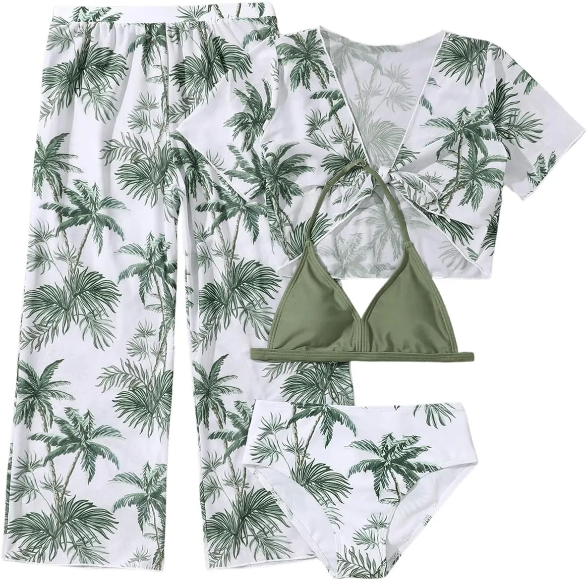 SOLY HUX Girl's 4 Piece Swimsuits Tropical Print Halter Bikini Set Bathing Suits with Kimono and Cover Up Pants