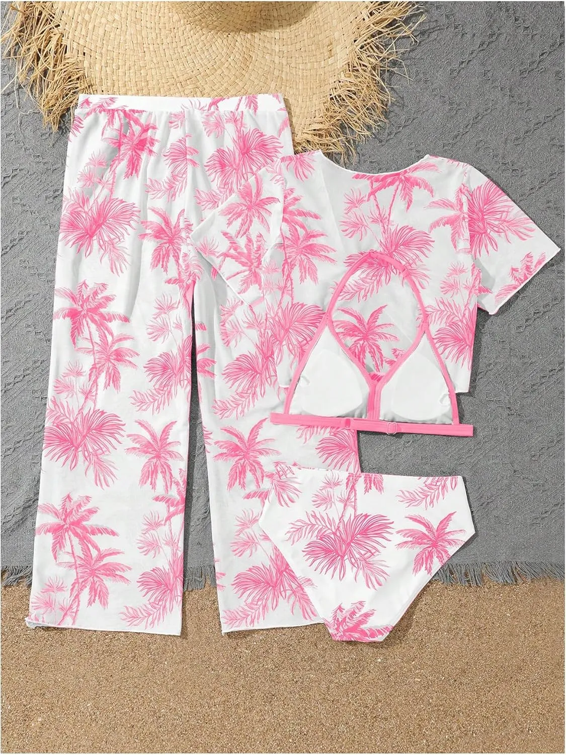 SOLY HUX Girl's 4 Piece Swimsuits Tropical Print Halter Bikini Set Bathing Suits with Kimono and Cover Up Pants